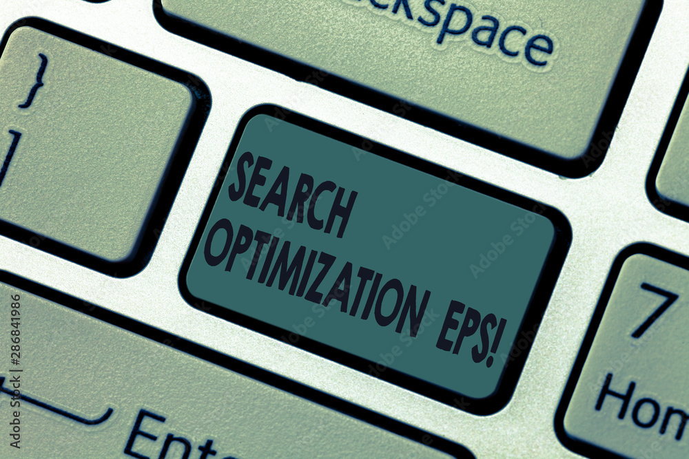 Poster Handwriting text Search Optimization Eps. Concept meaning process affecting the visibility of a website Keyboard key Intention to create computer message pressing keypad idea