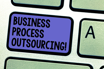 Writing note showing Business Process Outsourcing. Business photo showcasing Contracting work to external service provider Keyboard key Intention to create computer message pressing keypad idea