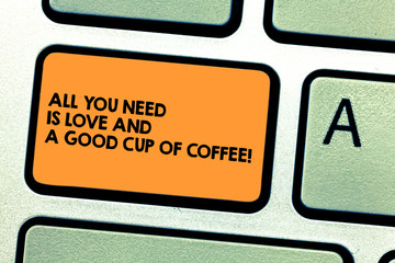 Handwriting text All You Need Is Love And A Good Cup Of Coffee. Concept meaning Roanalysisce with...