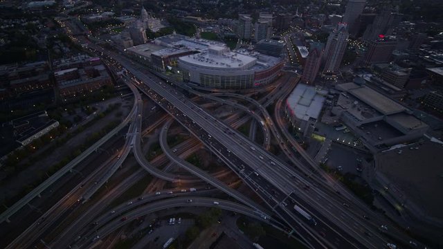 Providence Rhode Island Aerial v15 Panning birdseye expressway intersection cityscape at sunrise - October 2017
