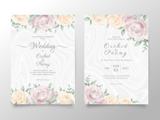 Floral wedding invitation cards template with marble textures. Modern poster abstract background, greeting, save the date, greeting vector
