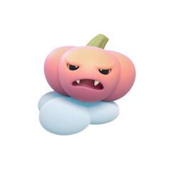 3d digital illustration of funny orange cartoon pumpkin with mouth and teeth isolated on white background. Pumpkin head on the cloud with a displeased face. Game icon. Happy Halloween holiday symbol.