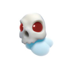 3d digital illustration of cartoon skull with big bulging red eyes isolated on white background. Stylized skull floating on cloud. Game icon art. Day Of The Dead. Happy Halloween holiday. Concept art