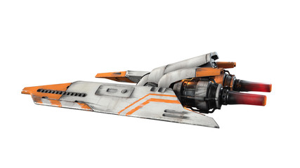 3d illustration of old scratched metal spaceship isolated on white background. Sci-fi white orange vehicle for space wars. Single pilot spaceship. Assault fighter, gunship. Side view of the turbine.