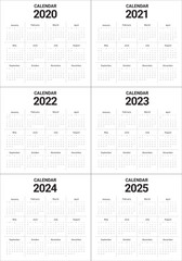 Year 2020 2021 2022 2023 2024 2025 calendar vector design template