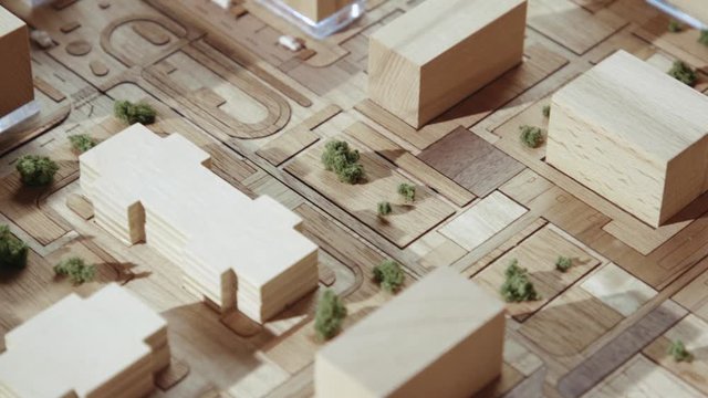 Panorama on Projection Residential Quarter with Detailed Planning from Wood Objects. Top view on Scheme of Courtyard with Children's and Sports Place and Rooftops. Handmade Form of a Green Area Town