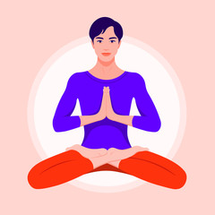 A young man sits in a lotus position and meditates. Asian guy practices yoga and levitates. Vector flat illustration