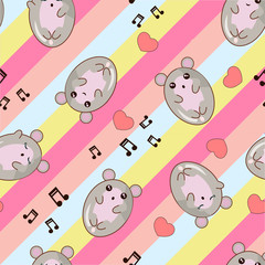 Cute cartoon style mouse singing and smiling with hearts and beam notes, seamless pattern on diagonal stripes background