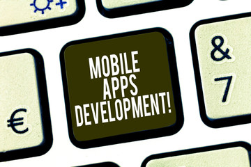 Conceptual hand writing showing Mobile Apps Development. Business photo showcasing Process of developing mobile app for digital devices Keyboard key Intention to create computer message idea