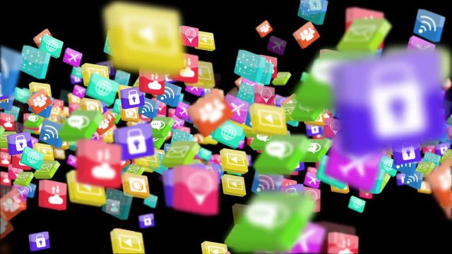 Digital animation of social icons. smartphone app interface