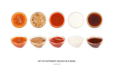 Fototapeta na wymiar Bowl with sauce set isolated on white background. Mustard, ketchup, mayonnaise, barbecue, salsa