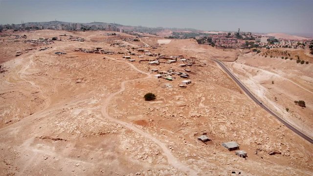 Bedouin Camp outpost Aerial view Drone footage over Bedouin outpost Close to Israeli City Maale Adumim Aerial