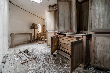 Old furniture in an old abandoned villa