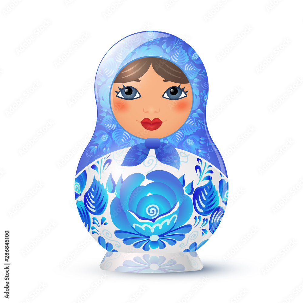 Wall mural Little vector Russian doll matryoshka with blue flowers ornament in russian gzhel style