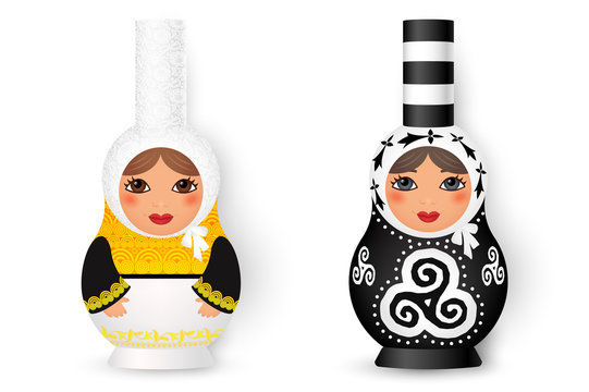 Two cute matryoshka - russian traditional dolls in breton bigouden style, vector illustration isolated on white background