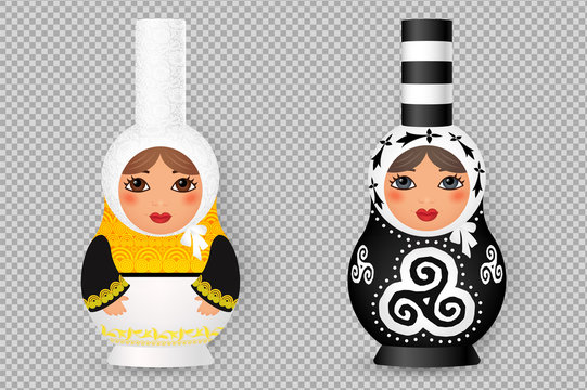 Set of Russian realistic dolls matryoshka stylized to traditional Breton costumes and decorated with triskels and hermines. Vector illustration on transparent background imitation.