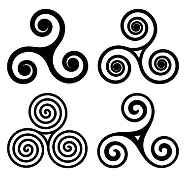 Black Irish, breton and scottish traditonal symbols, celtic triskels vector set. Triple spirals isolated on white background
