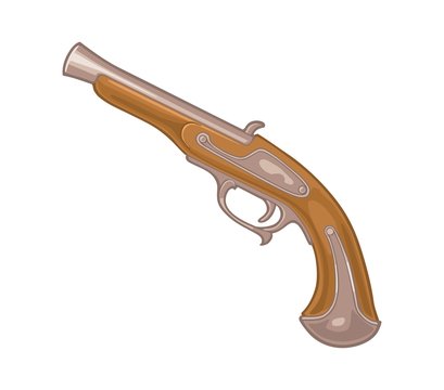 Flintlock pirate antique pistol. Vector color flat icon.