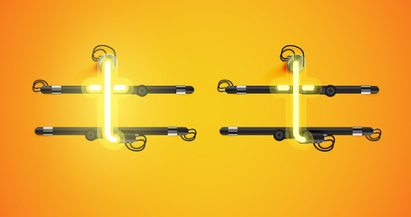 Realistic glowing yellow neon charcter on and off