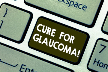 Writing note showing Cure For Glaucoma. Business photo showcasing eye drops pills laser surgery or...