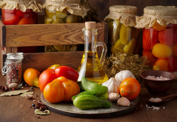 Basic ingredients for cooking homemade pickled tomato and cucumber