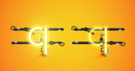 Realistic glowing yellow neon charcter on and off