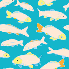 Obraz premium Wavy sealife goldfish koi seamless pattern. With carp fish in tones of pink and yellow. Modern, graphic, simple style. Perfect for restaurant menue, packaging design, aqua and sea lovers. Home decor
