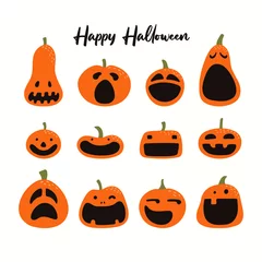Wall murals Illustrations Set of different Halloween pumpkins, jack o lanterns. Isolated objects on white background. Hand drawn vector illustration. Flat style. Design element for party banner, poster, flyer, invitation.