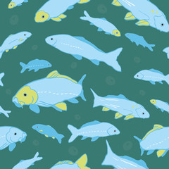 Wavy sealife goldfish koi seamless pattern. With air bubble and fish in tones of blue and green. Modern, graphic, simple style. Perfect for restaurant menue, packaging design, aqua and sea lovers