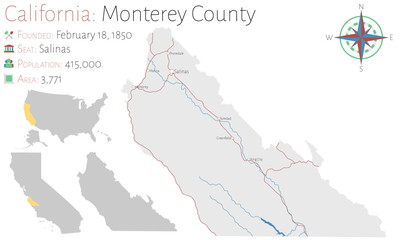 Large and detailed map of Monterey county in California, USA
