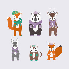 Obraz na płótnie Canvas Scandinavian style animals in the winter clothes. Cute vector animals set.