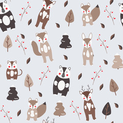 Scandinavian style winter seamless with animals and elements of design. Cute animals vector pattern.