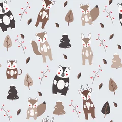 Wall murals Little deer Scandinavian style winter seamless with animals and elements of design. Cute animals vector pattern.