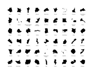 Vector illustration set with simplified maps of all fully recognised african states. Black silhouettes, white background
