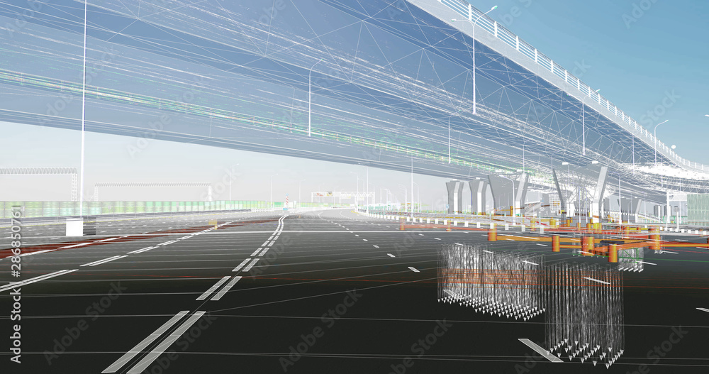 Wall mural the bim model of the object of road transport infrastructure of wireframe view