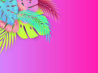 Tropical paper cut palm, monstera leaves frame. Summer tropical leaf. Origami exotic hawaiian jungle, summertime background. Paper cut style, pastel colors