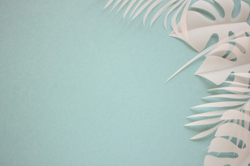 Fototapeta na wymiar Tropical palm leaf on blue background. Flat lay, top view