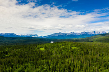 Fototapeta na wymiar Aerial view of landscape leading into Jasper National Park in Alberta, Canada