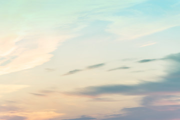 sunset background. sky with soft and blur pastel colored clouds.  gradient cloud on the beach resort. nature. sunrise.  peaceful morning. Instagram toned style