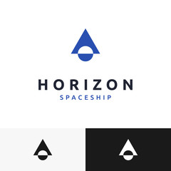 a simple space ship logo that through the horizon and fly over the space. Futuristic logo, very suitable for technology, science or galaxy logo