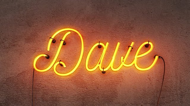 Neon sign spelling the name Dave, this realistic sign starts when the sign is off then it turns on with amazing flashing flickering effects, then after 30 seconds it flashes on and off can be looped