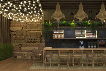 Interior design of a cafe or restaurant ethnic retro style with a bar counter and decorations of luminous garlands and wicker furniture. 3D rendering.