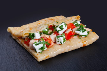 Pancake with cheese and chicken breast