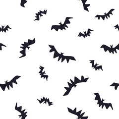 Cartoon halloween bats seamless background. Different shapes and sizes bats isolated on white background. Hand drawn various bats. Vector illustration.
