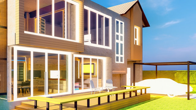 Brand new dream home with front porch 3d rendering