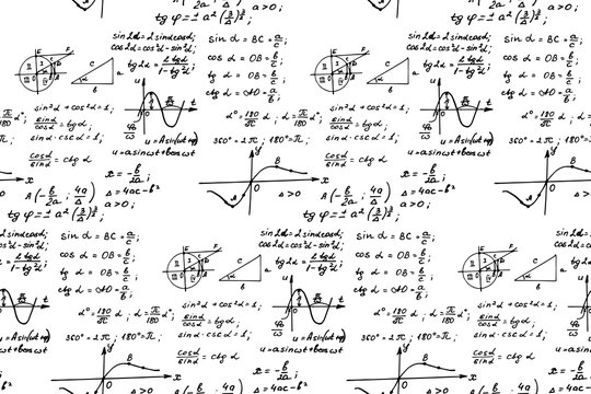 Vintage education background. Trigonometry law theory and mathematical formula equation on whiteboard. Vector hand-drawn seamless pattern.