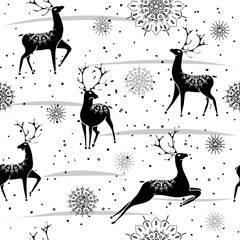 Seamless hand-drawn winter pattern with deer. Vector Hand drawn background for design and decoration textile, covers, package, wrapping paper.