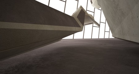 Abstract architectural brown and beige concrete interior of a minimalist house. 3D illustration and rendering