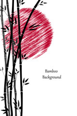 Abstract background with black bamboo and red sun. Frame with branches and leaves of bamboo on a white background. Minimalistic style for your design. Vector illustration