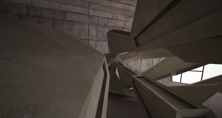 Abstract architectural brown and beige concrete interior of a minimalist house. 3D illustration and rendering